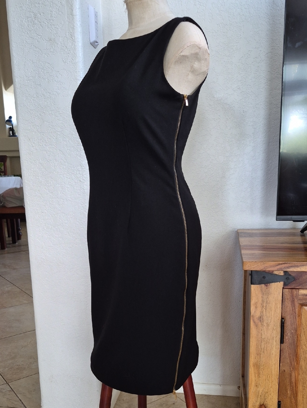 Calvin Klein, Sleeveless Black Dress With Goldtone Side Zippers